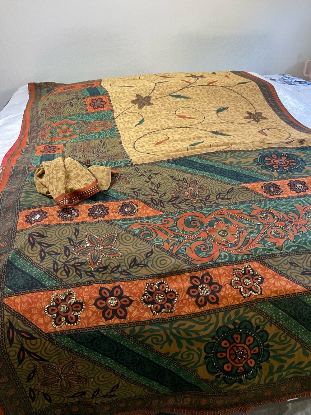 Multicolor Floral Patchwork Saree with Green and Orange Accents